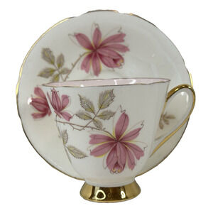 Old Royal (England) Footed Cup&Saucer Set Pink Roses Ribbed Scalloped, Gold Trim